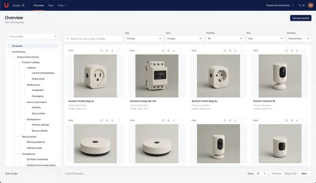 Actual Aureon workspace screenshot: Assets · Product media library