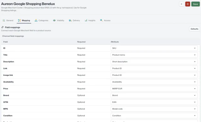 Actual Aureon workspace screenshot: Channels · Google Merchant mapping