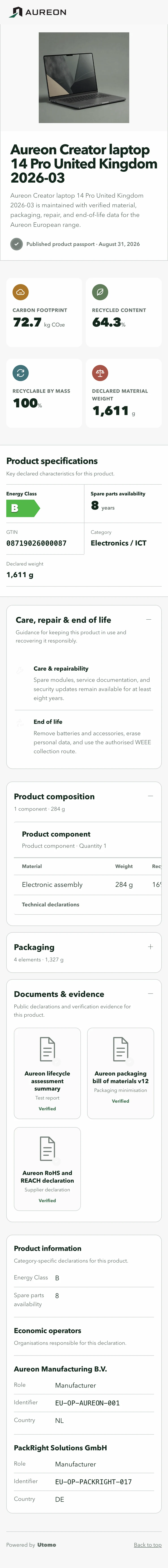 Aureon Creator laptop Digital Product Passport, showing specifications, environmental metrics, repair information, packaging, evidence and economic operators.