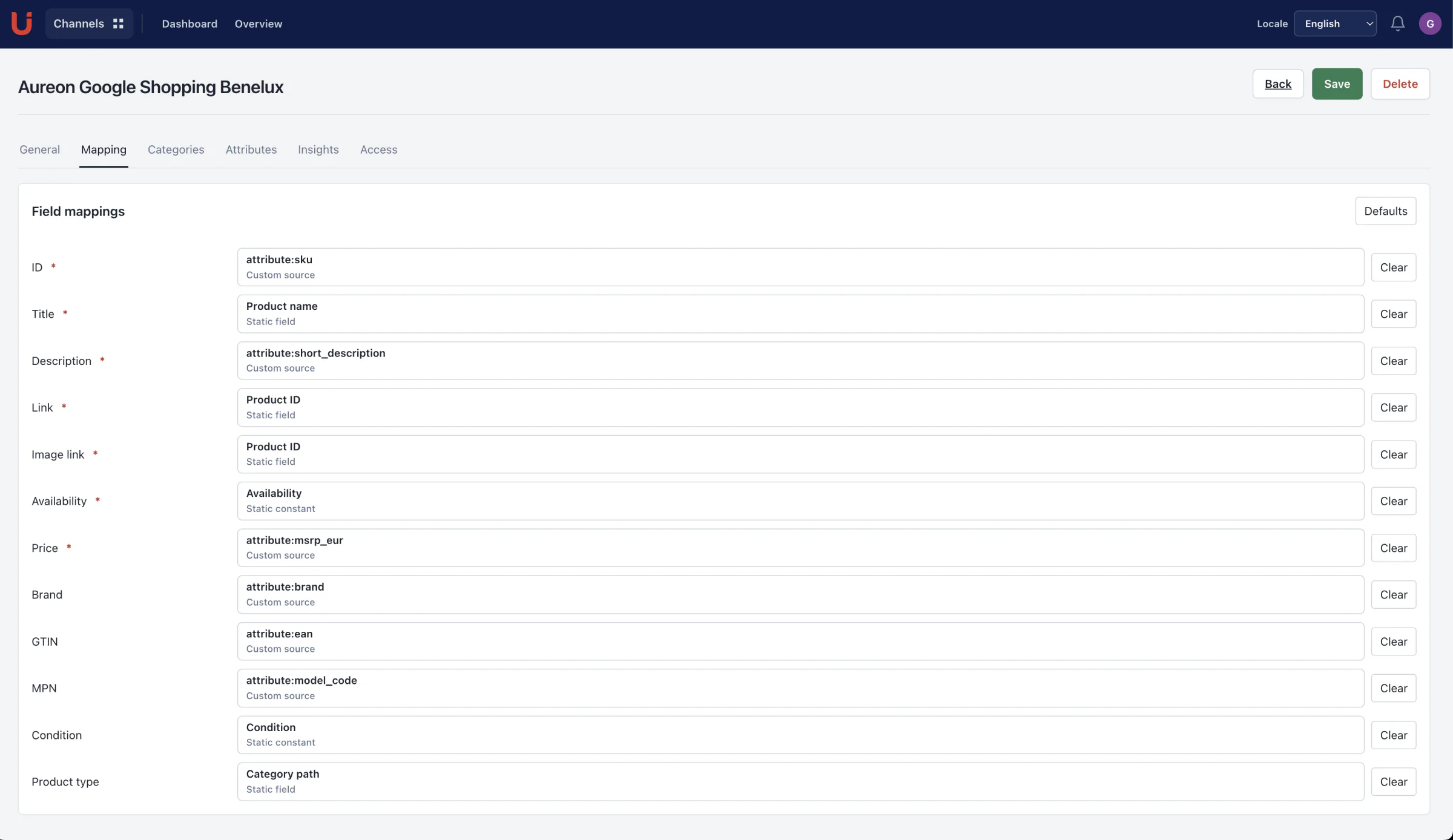 Utomo channel mapping interface for Google Shopping fields