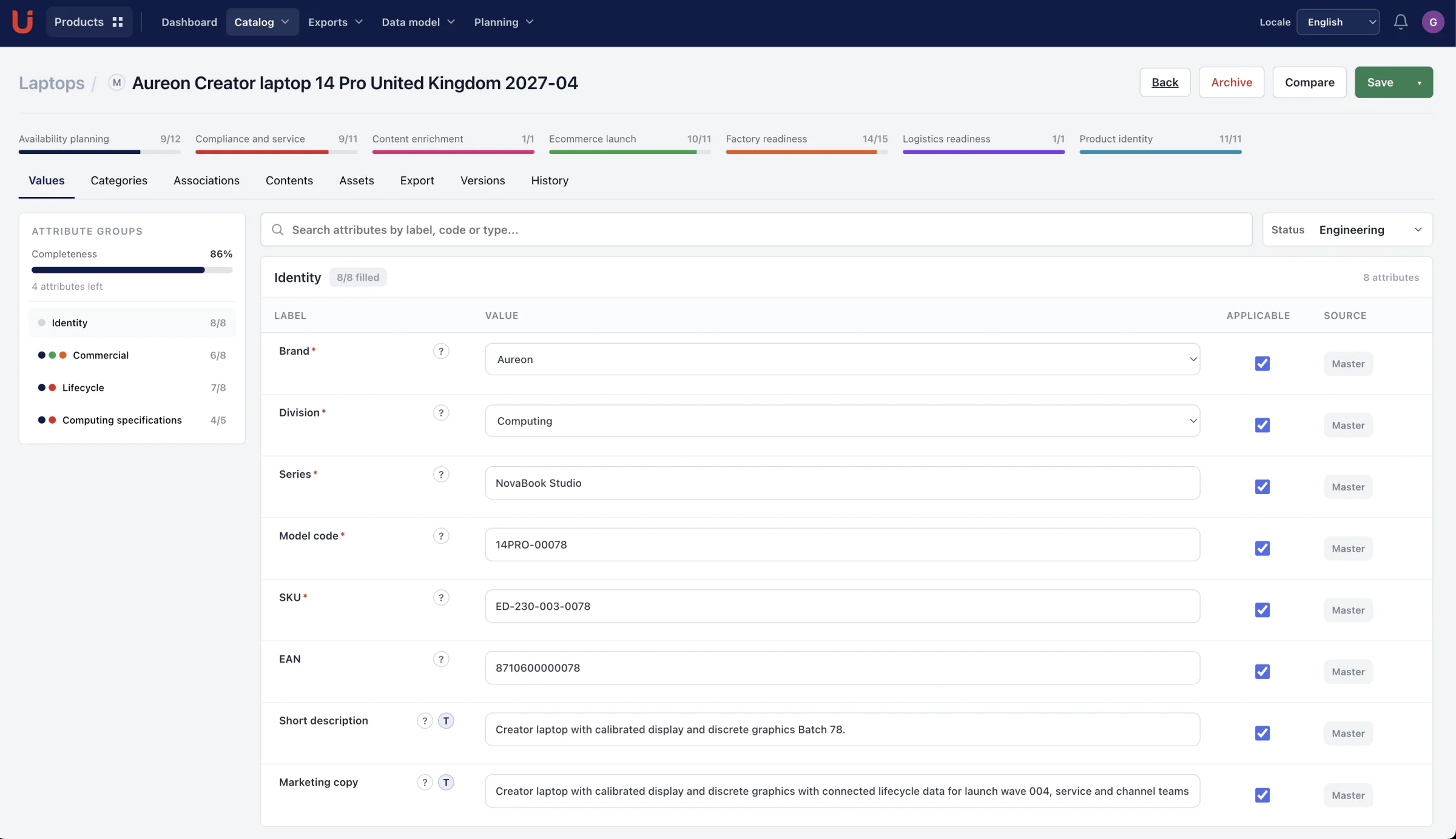 Utomo product detail with editable attributes, completeness, and linked product information
