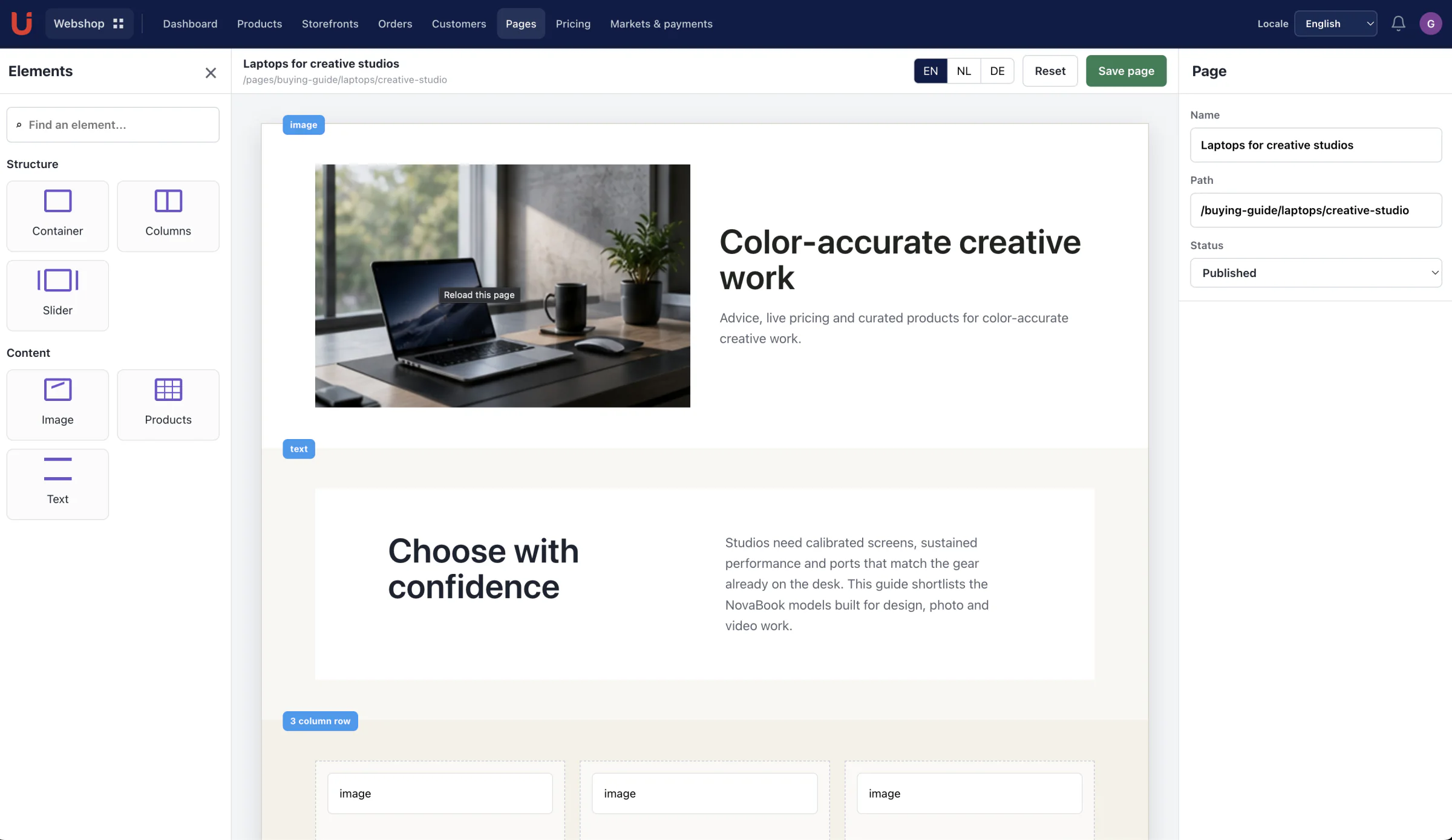 Utomo Shop page builder with editable storefront content blocks